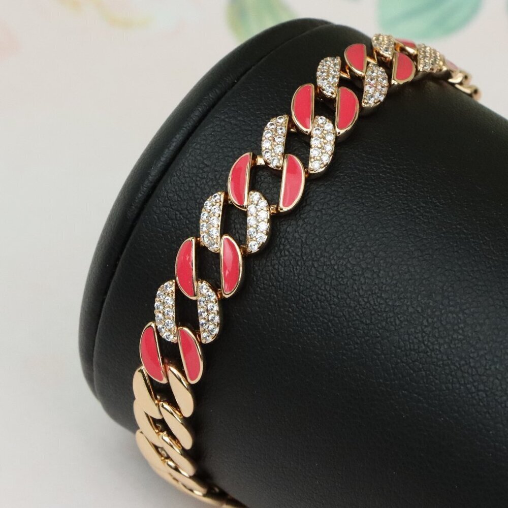 Rose Gold Bracelet with Red Enamel and Crystal Pave Links, XPBL0728